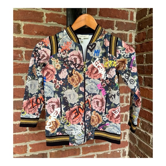 NWOT Anthro Twinset Milano For Sienna Miller Graffiti Bomber Jacket Size Girls 8
